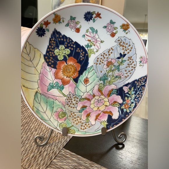 Vintage China Tabacco Leaf Floral Decorative Enamel Shallow Plate hand painted - Picture 3 of 14